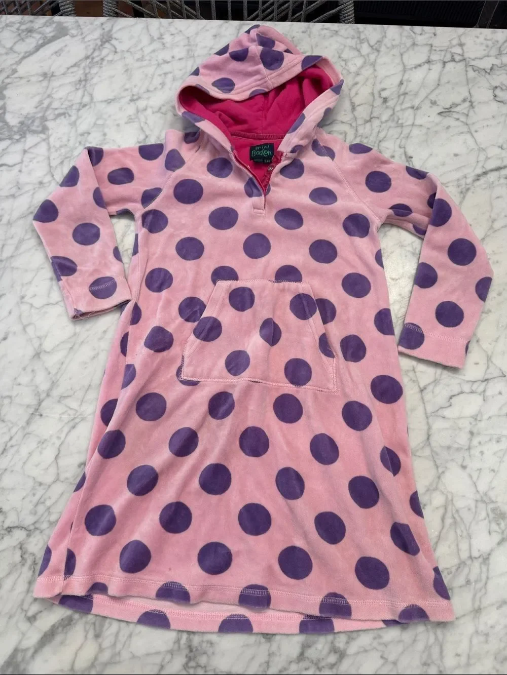 MINI BODEN Girls 7-8 Y Polka Dot Velour Hooded Tunic pink purple cover up Towel